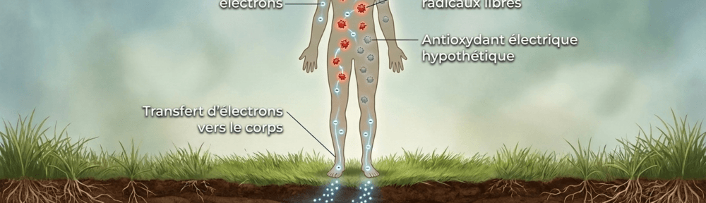 Visualisation scientifique conceptuelle illustrant l'hypothèse centrale du grounding : le transfert d'électrons négatifs depuis le sol vers le corps humain, capables de neutraliser les radicaux libres (antioxydant électrique).