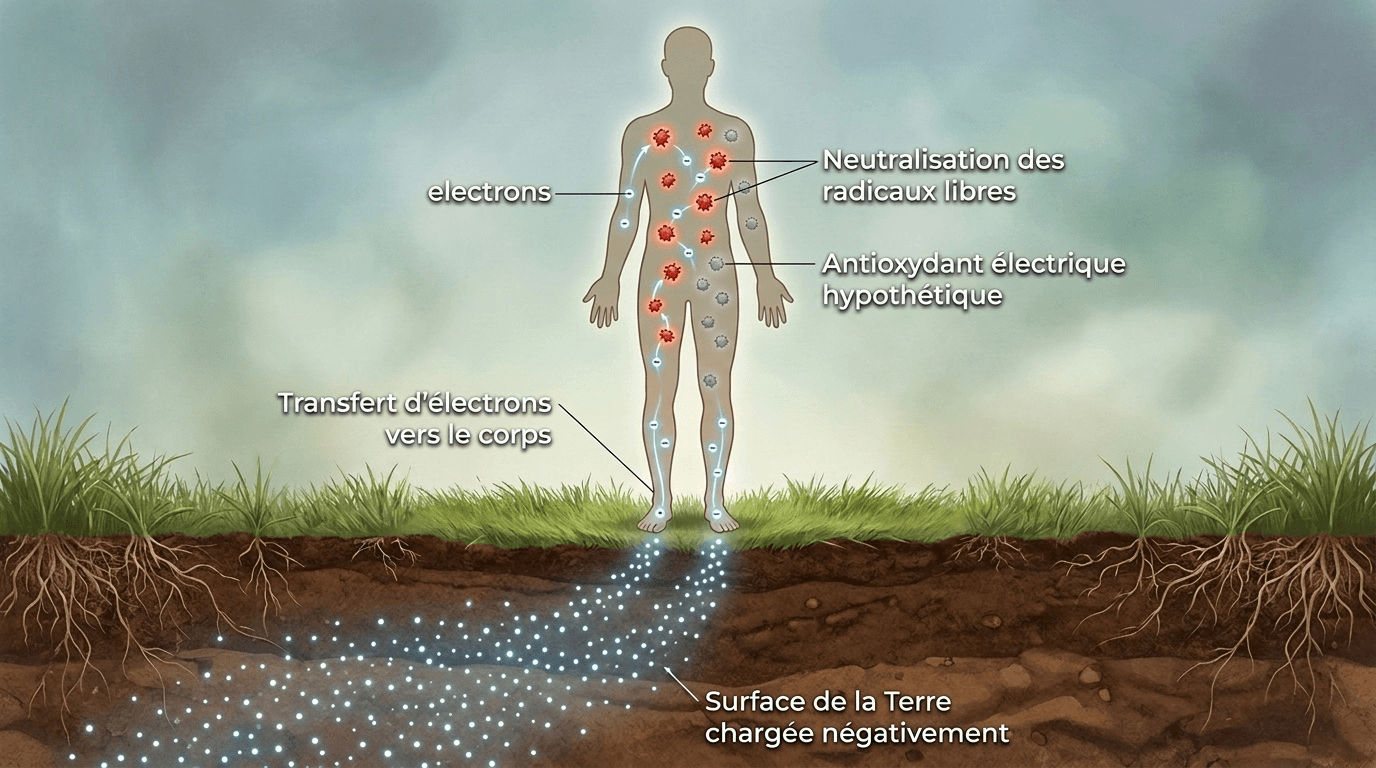 Schéma pédagogique élégant illustrant le mécanisme théorique d'« antioxydant électrique » proposé par les chercheurs en earthing : les électrons du sol neutralisent directement certains radicaux libres en excès.