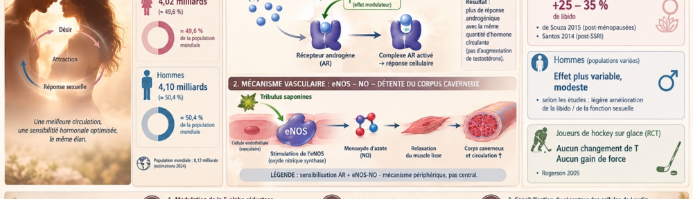 infographie médicale jumelle comparant les effets réels sur la libido et l'oxyde nitrique ; fond crème-chaud et rose-pâle évoquant intimité et santé vasculaire ; panneau gauche silhouettes de couple (homme + femme) se faisant face avec flèches délicates représentant l'axe libido/désir, discrète zone de superposition suggérant amélioration féminine et masculine ; panneau central diagramme mécanistique hormone-récepteur-oxydede nitrique — testostérone (petites sphères bleues) se liant à un récepteur androgène (forme en Q), avec flèche modulatrice ascendante des saponines du Tribulus sur la sensibilité AR — effet-Type T sans plus d'hormone circulante ; en parallèle, diagramme montrant les saponines stimulant la NO synthase (eNOS) endothéliale générant du NO → relaxation du muscle lisse → corps caverneux et circulation ; légende « sensibilisation AR + eNOS-NO — mécanisme périphérique, pas central » ; panneau droit données cliniques — femmes post-ménopausiques/post-SSRI : libido +25-35 % (de Souza 2015, Santos 2014) ; populations masculines plus variables, effet modeste ; essai chez joueurs de hockey sur glace (Rogerson 2005) — pas de changement de T, pas de gain de force ; bandeau bas mécanismes enzymatiques parallèles — modulation 5-alpha réductase, légère normalisation DHEA, sensibilisation des récepteurs cellules de Leydig (Cinaz 2014) ; tagline bas « bénéfices documentés sans augmentation du taux sérique de testostérone ».