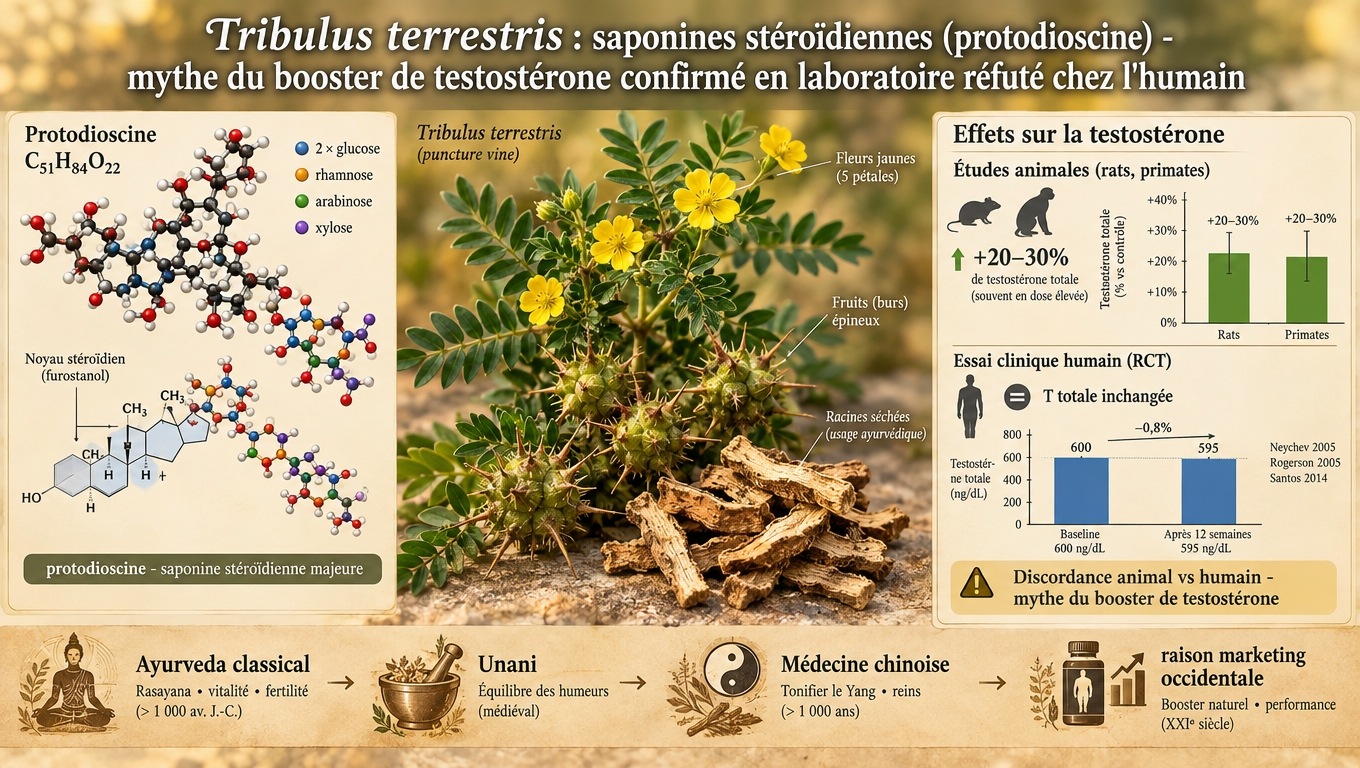 plante rampante à fruits épineux, modèle 3D de protodioscine, et graphique « mythe vs réalité » — Tribulus pas un booster de testostérone chez l'humain.