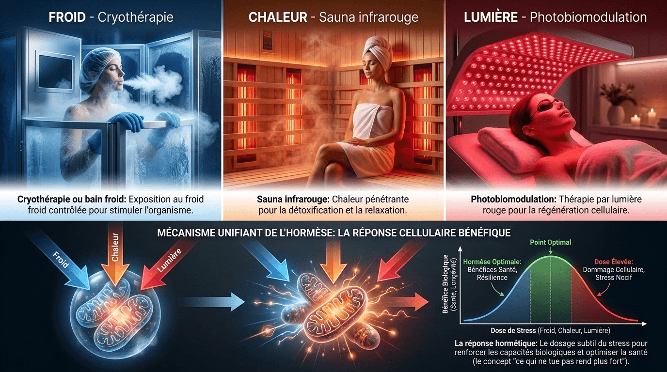 Composition comparative élégante en trois sections présentant les trois piliers de l'hormèse : froid, chaleur et lumière rouge, unissant visuellement leur mécanisme commun au niveau mitochondrial.