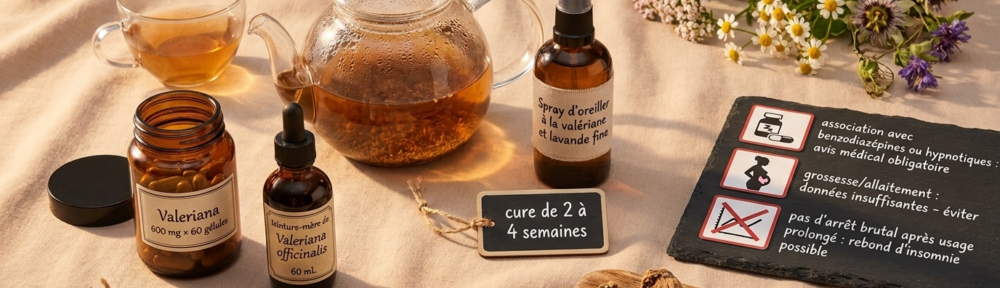 nature morte apothicaire sur lin doux. Au centre, ensemble de quatre formes galéniques de valériane : (a) théière en verre d'infusion ambre‑brun de racine fraîche, (b) flacon compte‑gouttes de teinture‑mère de Valeriana officinalis (60 mL), (c) bocal ambré de gélules d'extrait sec standardisé (Valériane 600 mg × 60), (d) brumisateur d'oreiller « Valériane & Lavande fine ». Étiquettes ardoisées précises : « 300‑600 mg d'extrait sec, 1 heure avant le coucher » et « cure de 2 à 4 semaines ». Au premier plan, planche en bois avec trois racines séchées pour ancrer l'identité botanique. Côté droit : pictogrammes d'avertissement sur ardoise — gélule + somnifère étiqueté « association avec benzodiazépines ou hypnotiques : avis médical » ; silhouette enceinte « grossesse/allaitement : éviter » ; encart « pas d'arrêt brutal après usage prolongé : rebond d'insomnie possible ». En haut à droite, petit bouquet complémentaire avec camomille et passiflore séchée (Passiflora incarnata) pour signaler les synergies fréquemment rencontrées. Lumière golden‑hour latérale, style apothicaire.