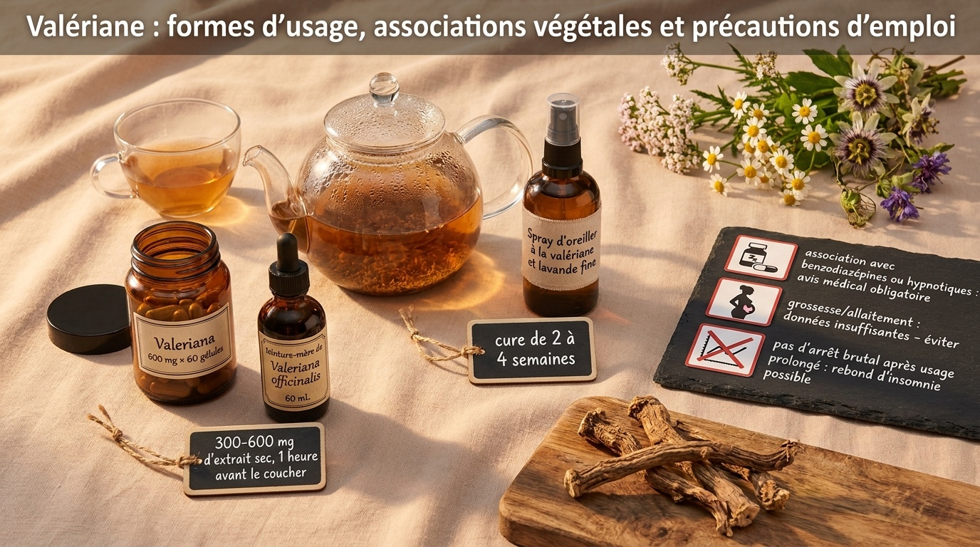 Mise en scène des quatre formulations galéniques classiques de valériane (infusion, teinture, gélule, spray d'oreiller) et du tableau de sécurité clinique.