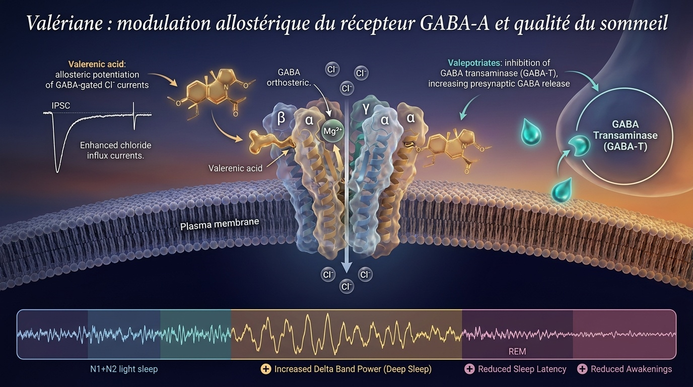 Illustration du double mécanisme d'action de la valériane sur le système GABAergique : potentialisation allostérique du récepteur GABA‑A et inhibition de la GABA transaminase.