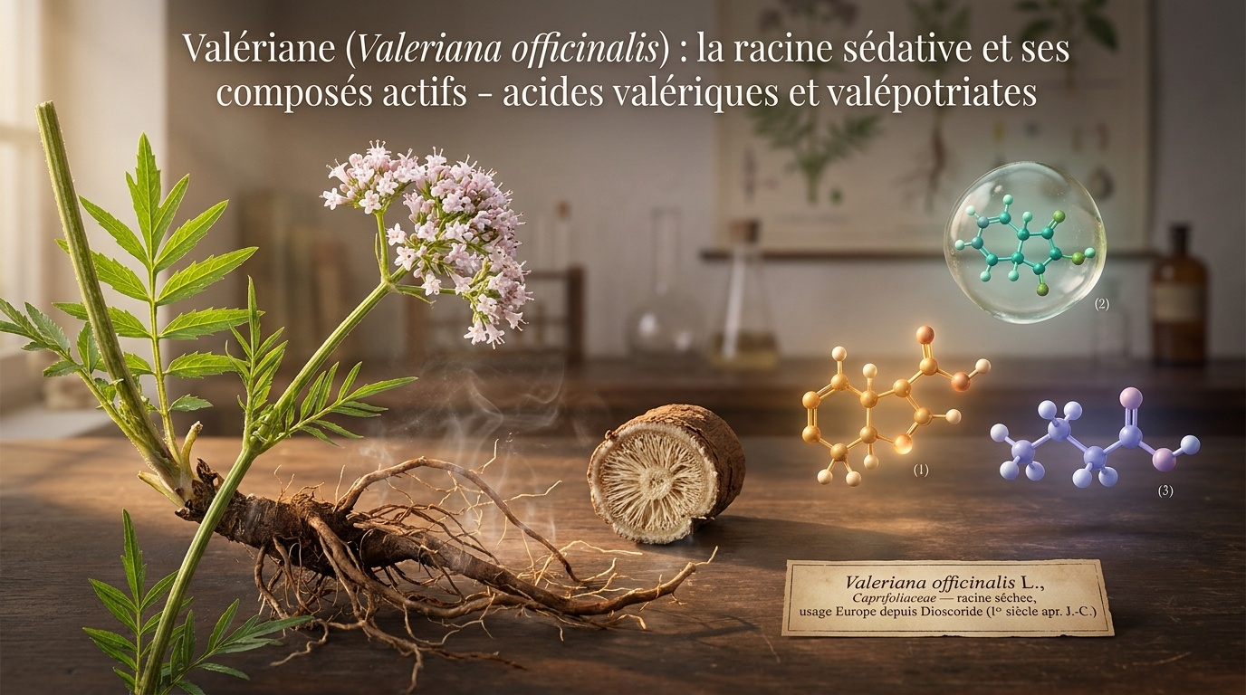  Vue d'ensemble botanique et chimique de la valériane, plante européenne vivace dont la racine concentre les composés sédatifs.