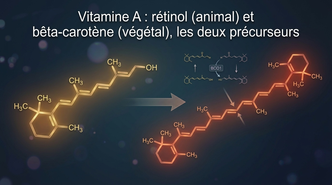  Vue comparative du rétinol (vitamine A préformée d'origine animale) et du bêta‑carotène (provitamine A d'origine végétale), illustrant la conversion enzymatique régulée qui protège du risque de surdosage en contexte alimentaire végétal