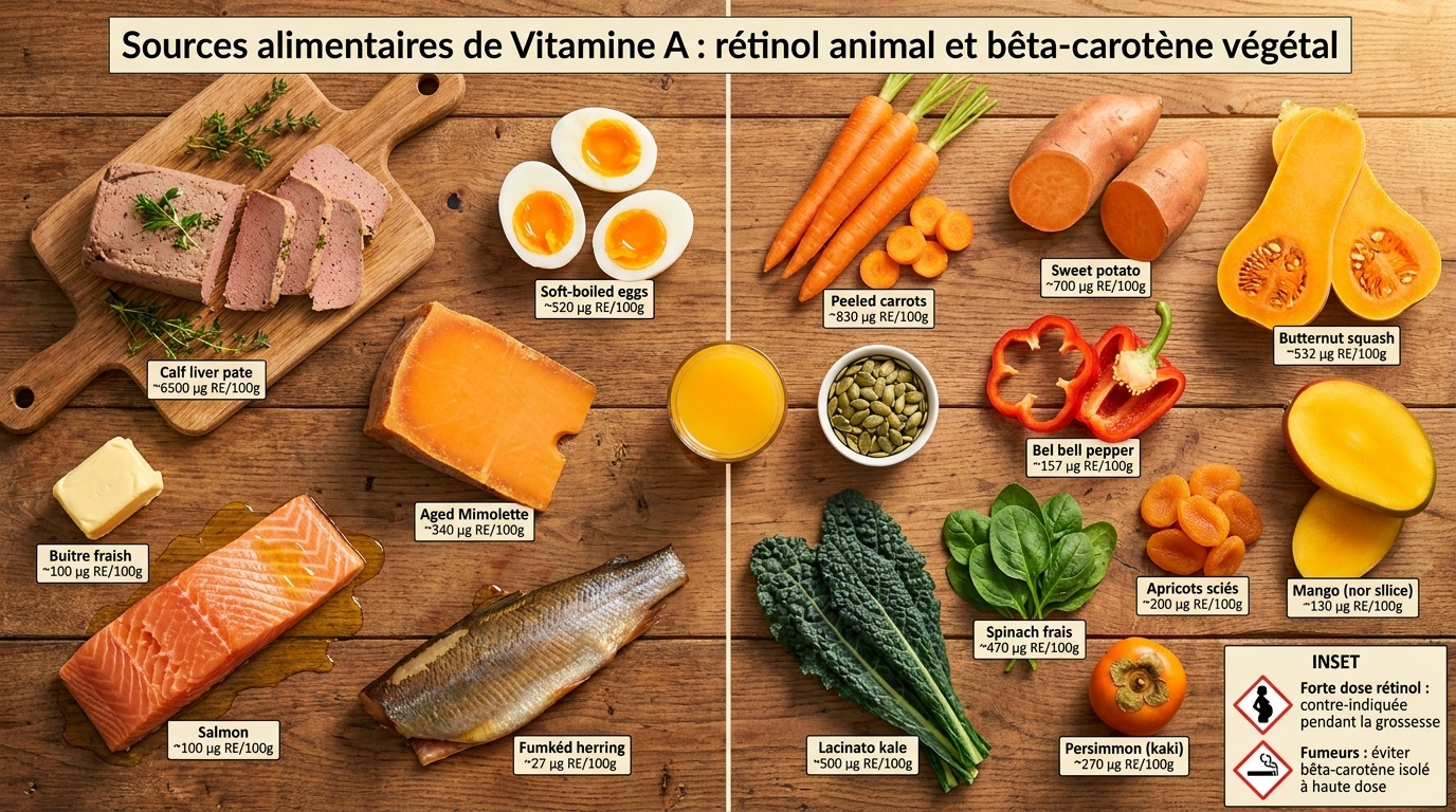 Vue d'ensemble pratique des deux familles de sources de vitamine A : sources animales de rétinol (hépatiques, œufs, produits laitiers, poissons gras) et sources végétales de provitamine A (caroténoïdes orange‑vertes).