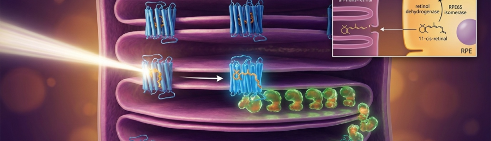 Illustration médicale hyper‑réaliste du cycle visuel dans un photorécepteur à bâtonnet de la rétine : empilement de disques membranaires dans le segment externe, rhodopsine (GPCR membranaire en bleu) liée par une base de Schiff au 11‑cis‑rétinal (vitamine A active en conformation coudée orange‑or) ; impact photonique qui isomérise le 11‑cis‑rétinal en tout‑trans‑rétinal, déclenchant la cascade de la transducine ; encart illustrant le recyclage du rétinal dans l'épithélium pigmentaire rétinien (RPE) via le rétinol, le RPE65 isomérase, et le retour du 11‑cis‑rétinal.