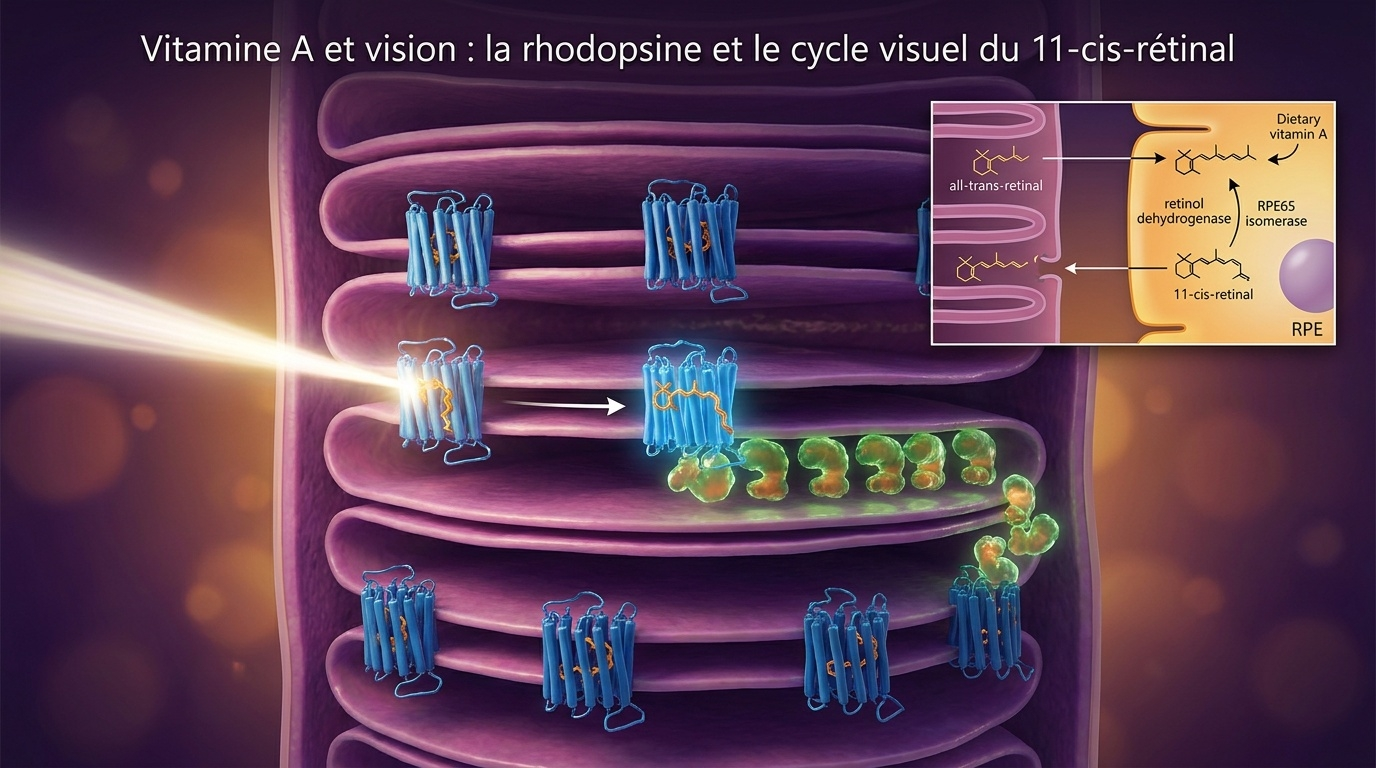  Vue d'ensemble du mécanisme biophysique par lequel le 11‑cis‑rétinal sert de chromophore à la rhodopsine des bâtonnets rétiniens, permettant la phototransduction et la vision crépusculaire.