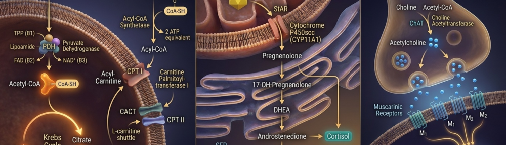 panneau split‑composite sur fond indigo‑or. Volet gauche (30 %) : à l'entrée mitochondriale, le pyruvate (sphère or) est converti en acétyl‑CoA par la pyruvate déshydrogénase (cofacteurs TPP B1, lipoamide, FAD B2, NAD B3) puis entre dans le cycle de Krebs sous forme de citrate. En parallèle, un acyl‑chaîne gras s'esterifie au CoA‑SH (acyl‑CoA synthétase) et passe en main à la navette carnitine (CPT1/CACT/CPT2). Volet central (40 %) : stéroïdogenèse illustrée en coupe du SER, cholestérol converti en prégnénolone par CYP11A1, puis DHEA, androstènedione, testostérone, cortisol. Volet droit (30 %) : terminaison cholinergique où choline + acétyl‑CoA → acétylcholine par ChAT, dock sur récepteurs muscariniques, illustrant mémoire et cognition. Bandeau central : « CoA‑SH = donneur d'acétyle pour plus de 100 réactions ».