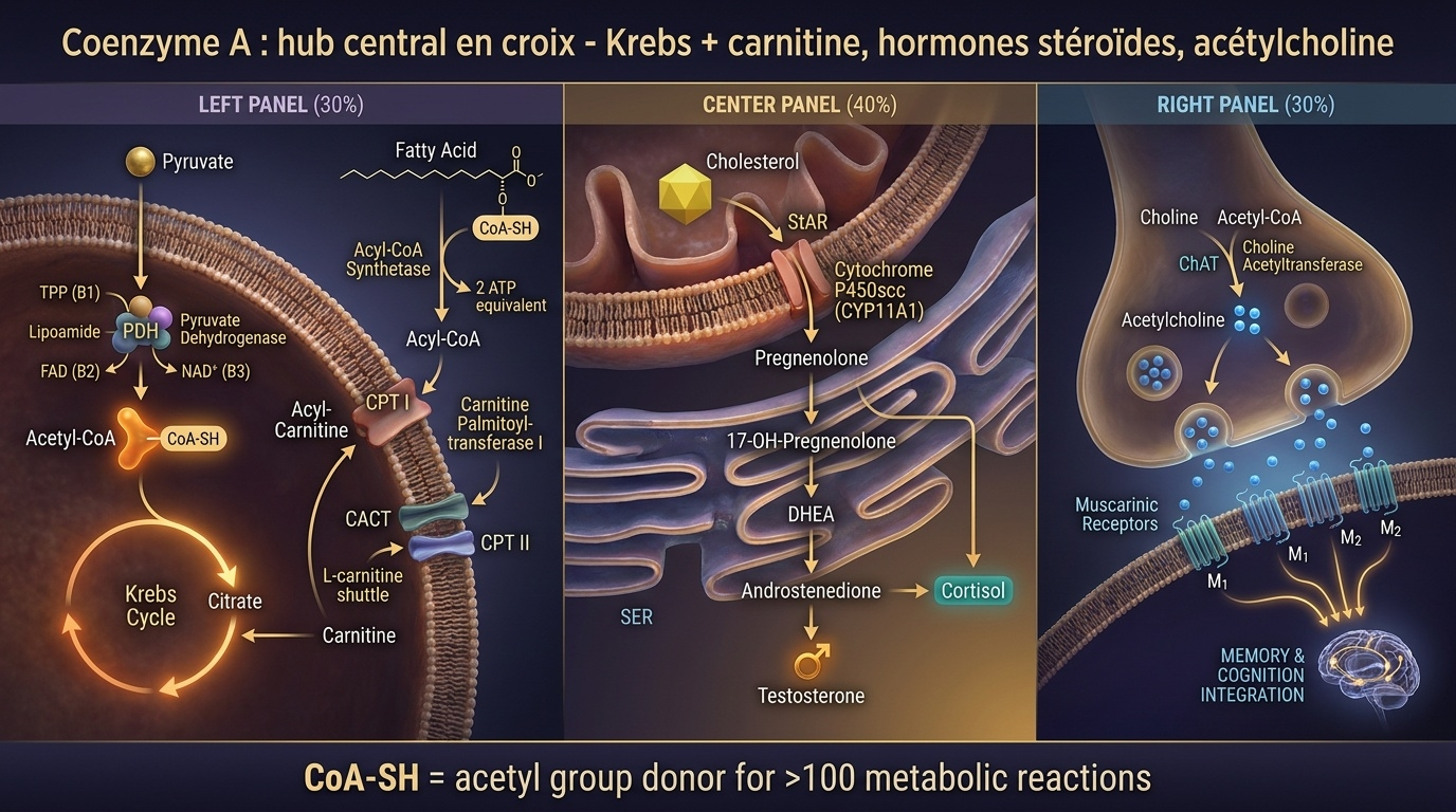 Carte des trois « routes en croix » où le coenzyme A déploie ses fonctions : énergie mitochondriale, stéroïdogenèse, neurotransmission cholinergique.