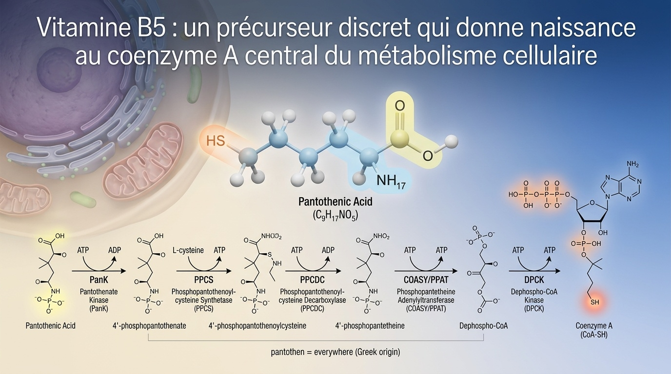  Vue détaillée de la voie biosynthétique complète de l'acide pantothénique en coenzyme A : 5 étapes enzymatiques intracellulaires.