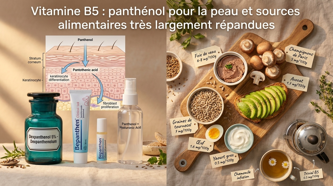 Vue éditoriale combinant l'usage cosmétique du panthénol et les principales sources alimentaires de vitamine B5.