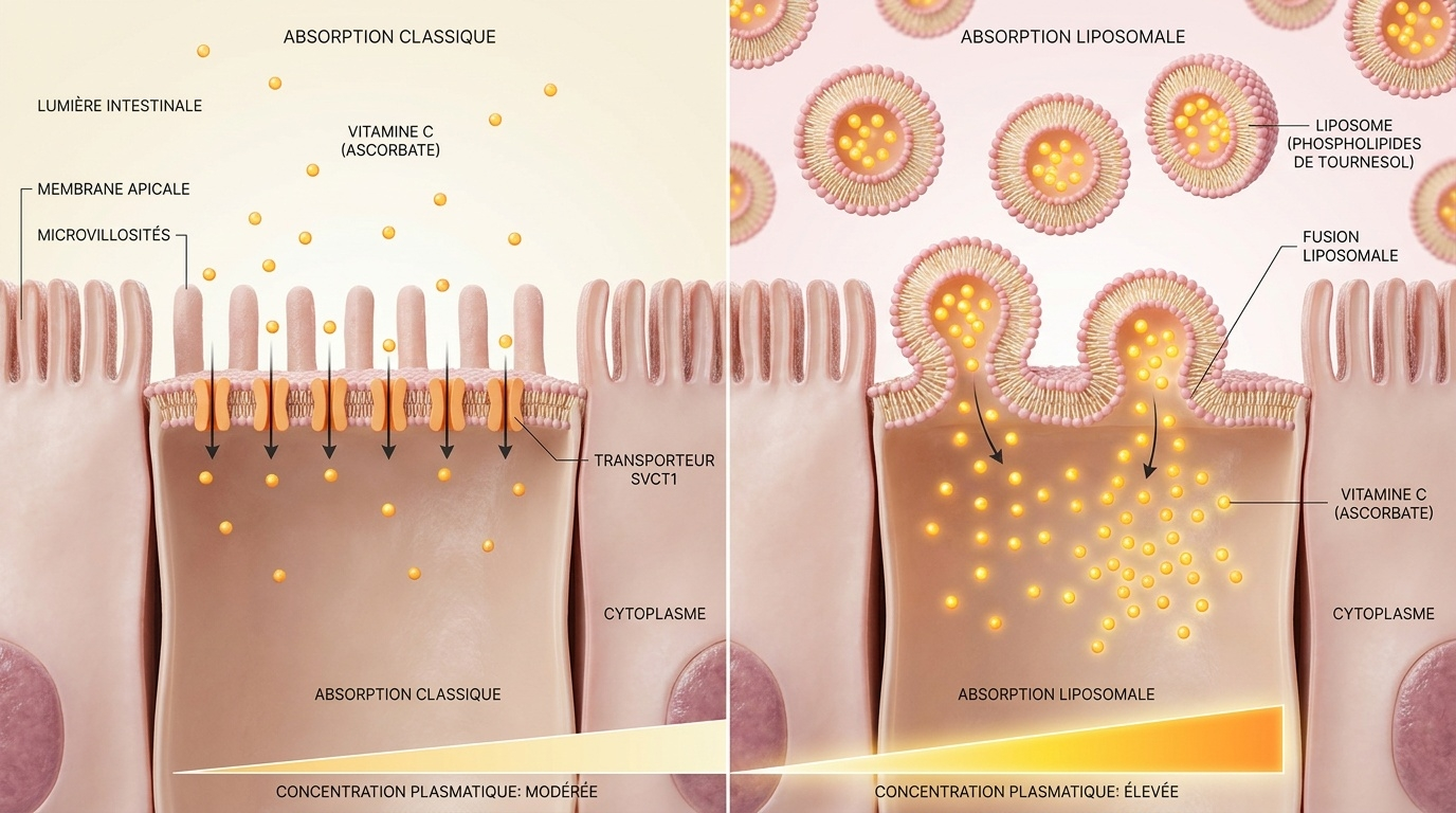 Comparaison scientifique visuelle entre l'absorption intestinale saturable de l'acide ascorbique par les transporteurs SVCT1 (≈ 100 % sous 200 mg mais ≤ 20 % au-dessus de plusieurs grammes) et le mécanisme de fusion membranaire des liposomes phosphatidylcholines qui contournent ces limitations.