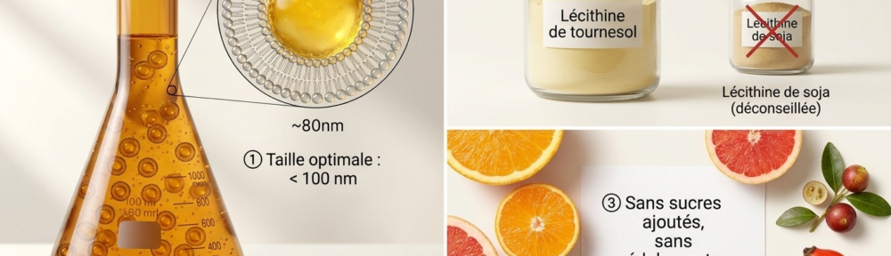 Composition éditoriale photographique hyper-réaliste illustrant les critères de qualité d'une vitamine C liposomale : taille des vésicules inférieures à 100 nm, phospholipides de tournesol, absence de sucres ajoutés, superposés à des sources naturelles d'acide ascorbique.