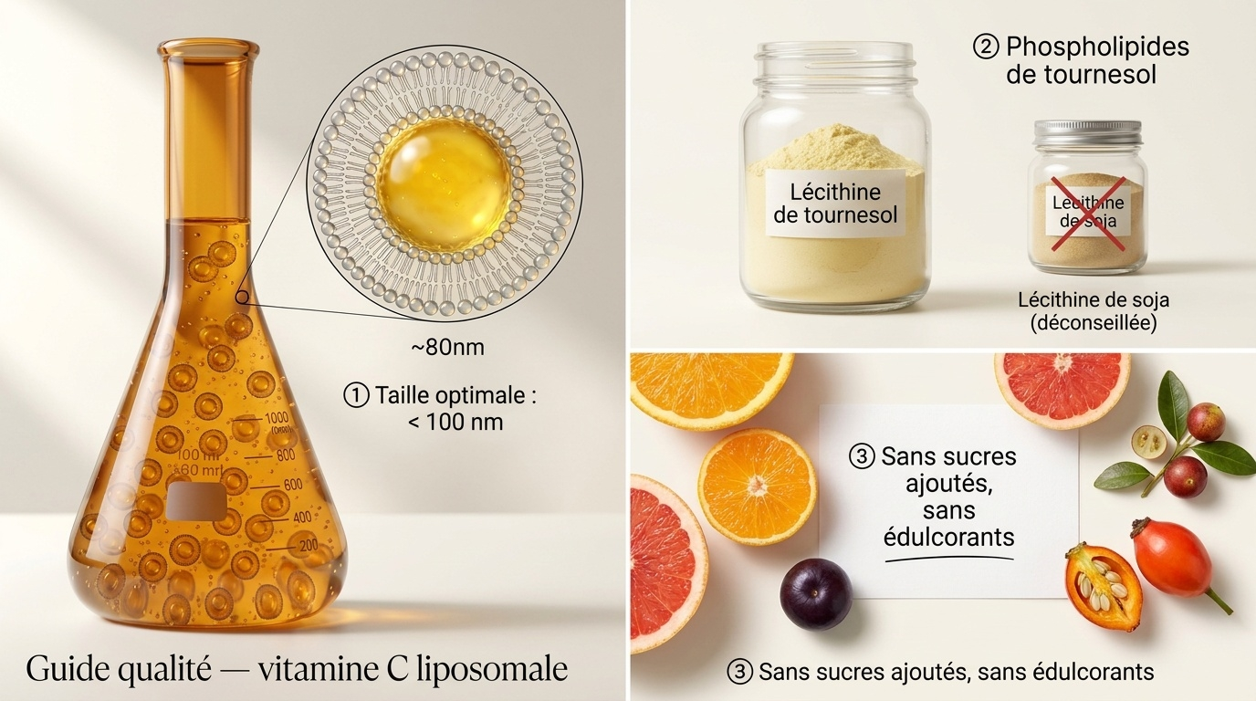 Guide visuel des critères de sélection d'une vitamine C liposomale de qualité : taille des vésicules < 100 nm, origine des phospholipides (tournesol préféré au soja pour limiter les allergènes), pureté d'une formulation sans sucres ni édulcorants ajoutés.
