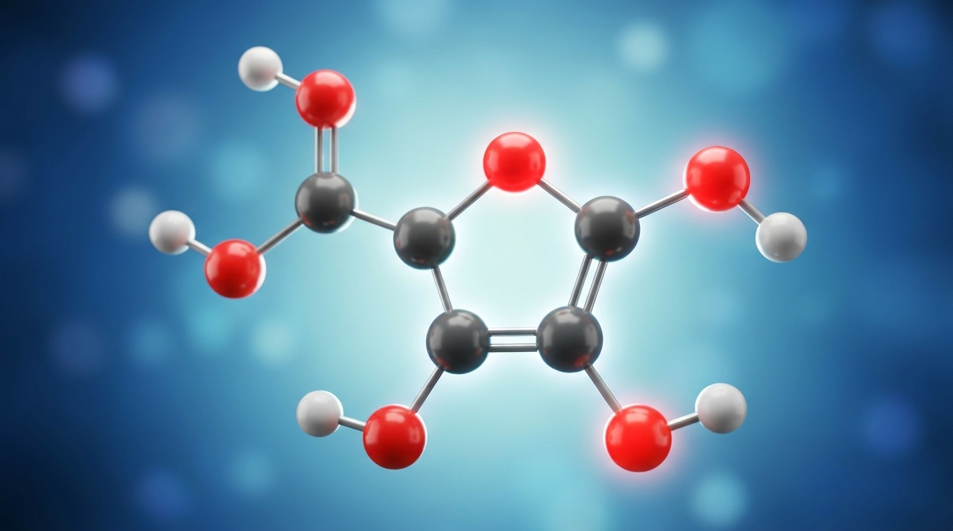  Représentation scientifique détaillée de la vitamine C (acide ascorbique), antioxydant hydrosoluble essentiel caractérisé par son cycle γ-lactone à cinq chaînons et sa fonction énédiol, site donneur d'électrons à l'origine de sa capacité à neutraliser les radicaux libres.
