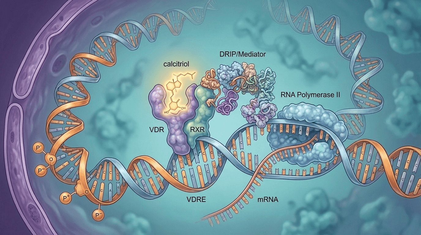 Schéma moléculaire haute précision du mécanisme nucléaire du récepteur VDR (vitamin D receptor) illustrant la régulation transcriptionnelle de gènes cibles comme la cathélicidine antimicrobienne.