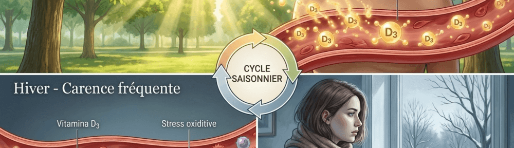 Infographie comparative hyperréaliste présentant le cycle saisonnier de la vitamine D : synthèse estivale optimale grâce au soleil vs carence hivernale fréquente responsable d'une vulnérabilité immunitaire et oxydative accrue.