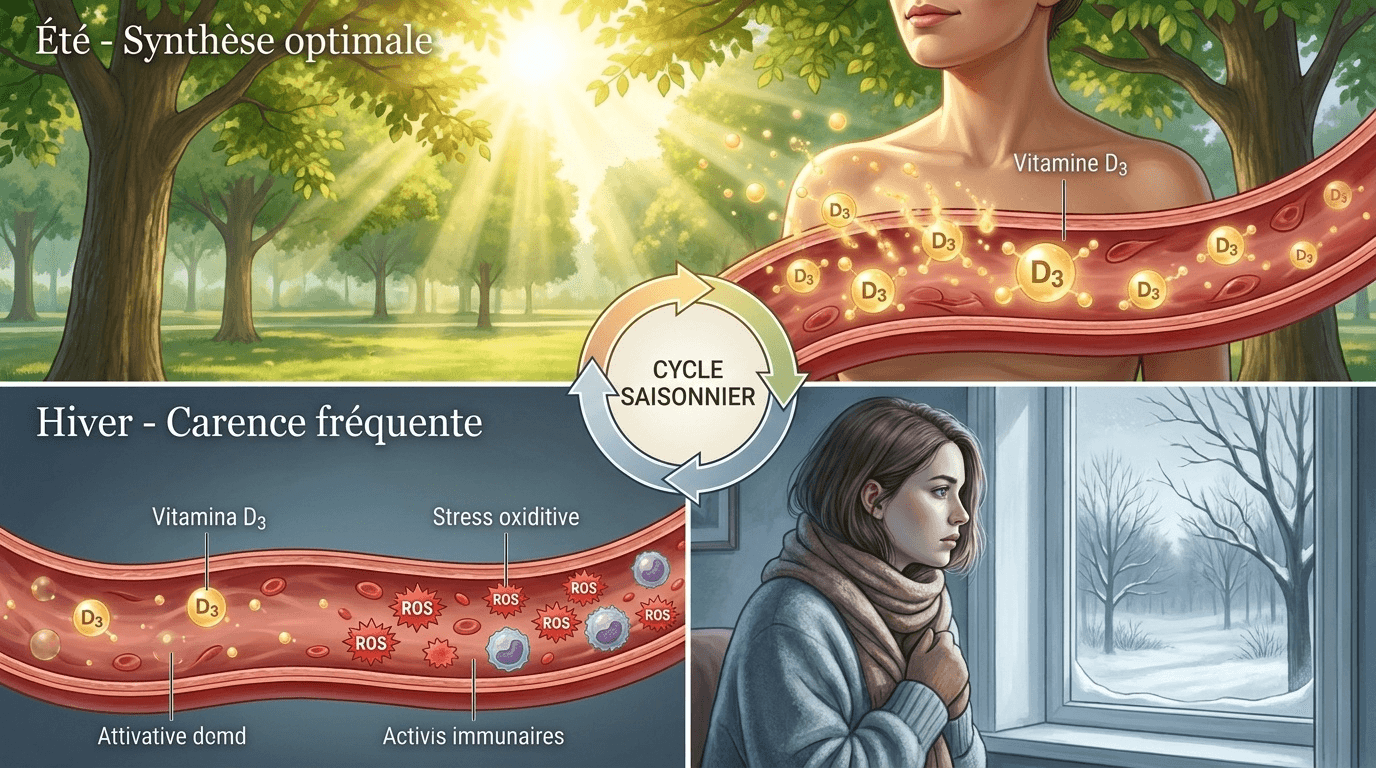 Composition pédagogique en deux saisons illustrant la fluctuation naturelle des niveaux de vitamine D selon l'ensoleillement, et son impact sur la fonction immunitaire et le stress oxydatif.