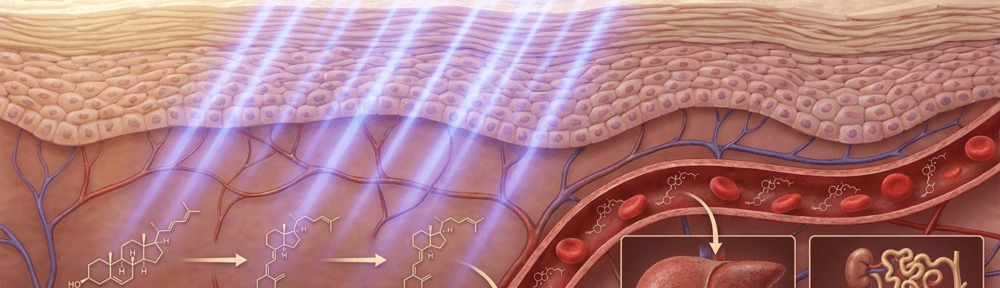 Illustration hyperréaliste de la synthèse cutanée de la vitamine D3 par exposition aux UVB solaires, suivie de ses deux hydroxylations successives au niveau du foie (en 25-OH-D3) puis du rein (en calcitriol actif).