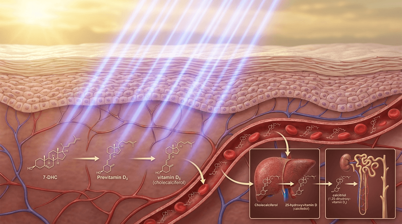 Représentation médicale haute précision du métabolisme complet de la vitamine D : transformation du 7-déhydrocholestérol cutané en cholécalciférol, puis en calcidiol hépatique, enfin en calcitriol rénal biologiquement actif.