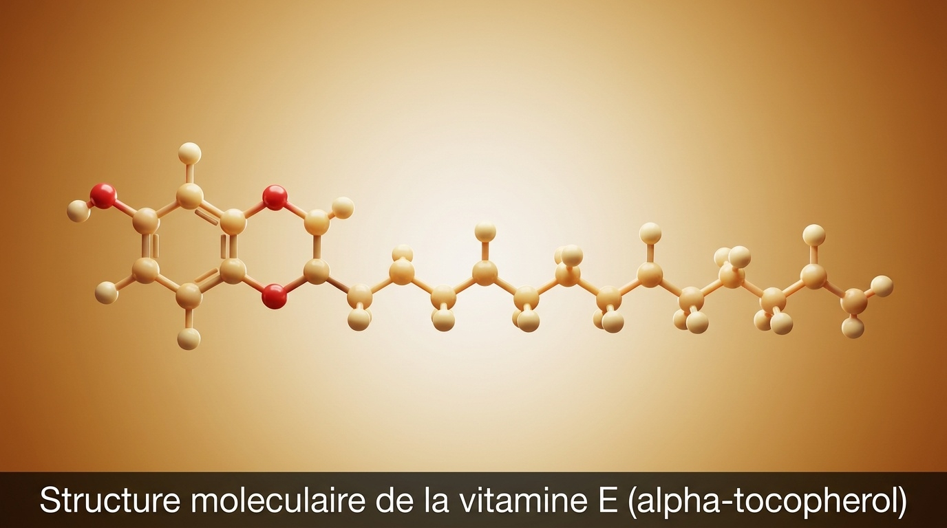Représentation scientifique détaillée de l'alpha-tocophérol (RRR-α-tocophérol), seule forme de vitamine E préférentiellement retenue par l'organisme grâce à la protéine de transport hépatique α-TTP et retenue comme principale ligne de défense des membranes cellulaires contre la peroxydation lipidique.