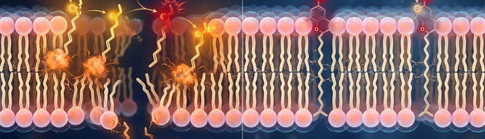 Illustration médicale hyper-réaliste du mécanisme protecteur de la vitamine E : à gauche, peroxydation lipidique en chaîne sans protection (chaîne domino d'acides gras polyinsaturés dans la bicouche membranaire, propagation de radicaux, formation d'aldéhydes toxiques) ; à droite, interruption par l'alpha-tocophérol puis régénération par la vitamine C.