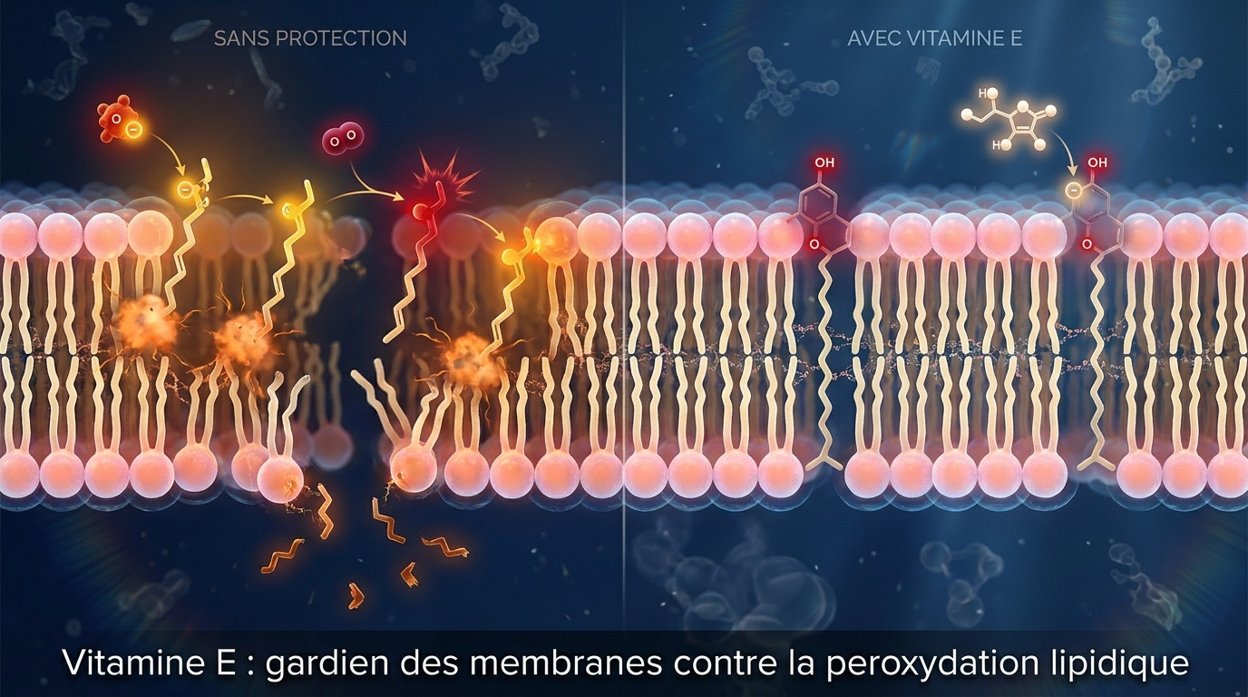 Schéma pédagogique central illustrant le mode d'action de la vitamine E : sans elle, les radicaux libres déclenchent une réaction en chaîne de peroxydation lipidique dans les phospholipides membranaires (rendant la membrane fluide, cassante et générant des aldéhydes cytotoxiques) ; avec elle, l'α-tocophérol interrompt brutalement la chaîne et est régénéré par la vitamine C, restaurant son pouvoir protecteur.