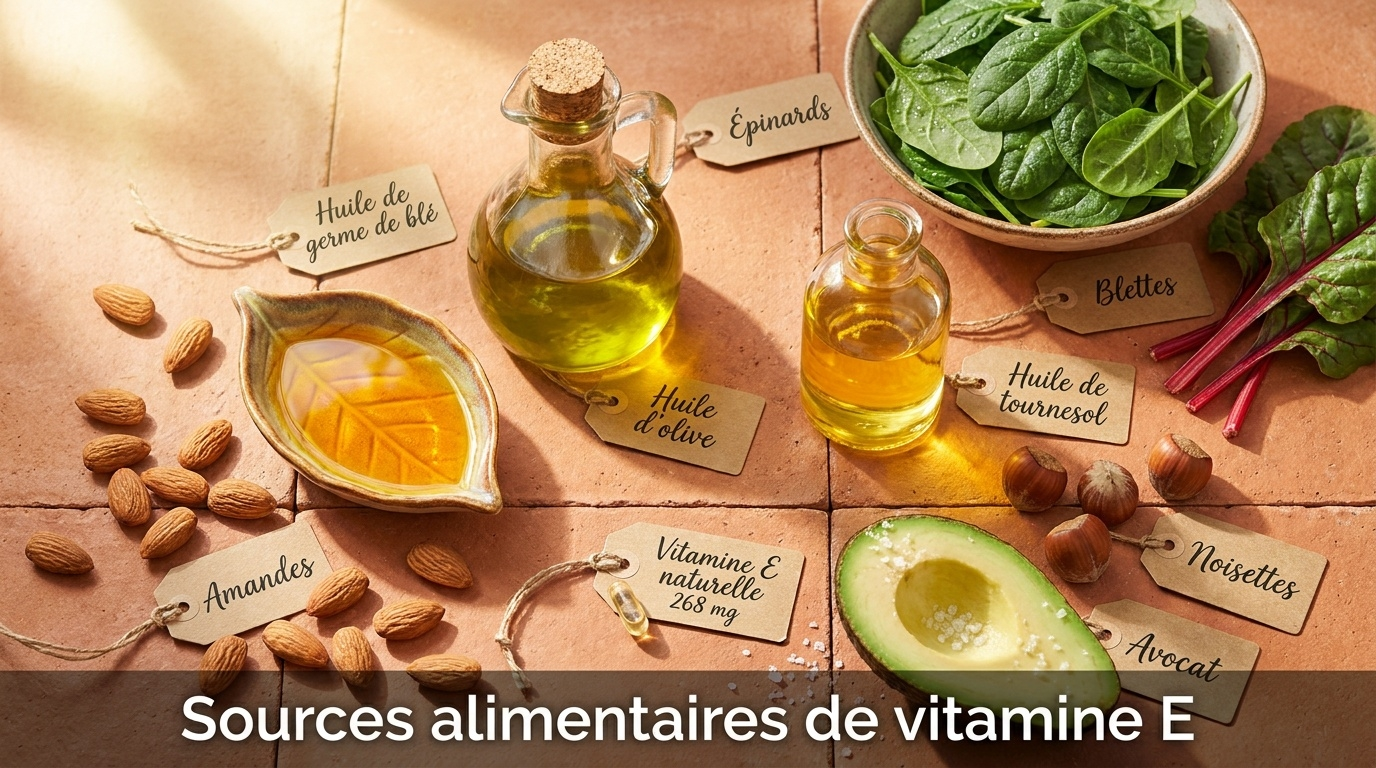 Composition culinaire top-down des sources alimentaires de vitamine E, dominée par l'huile de germe de blé (champion toutes catégories à > 200 mg/100 g), suivie des huiles végétales (olive, tournesol), oléagineux (amandes, noisettes), avocat et légumes verts à feuilles (épinards, blette).