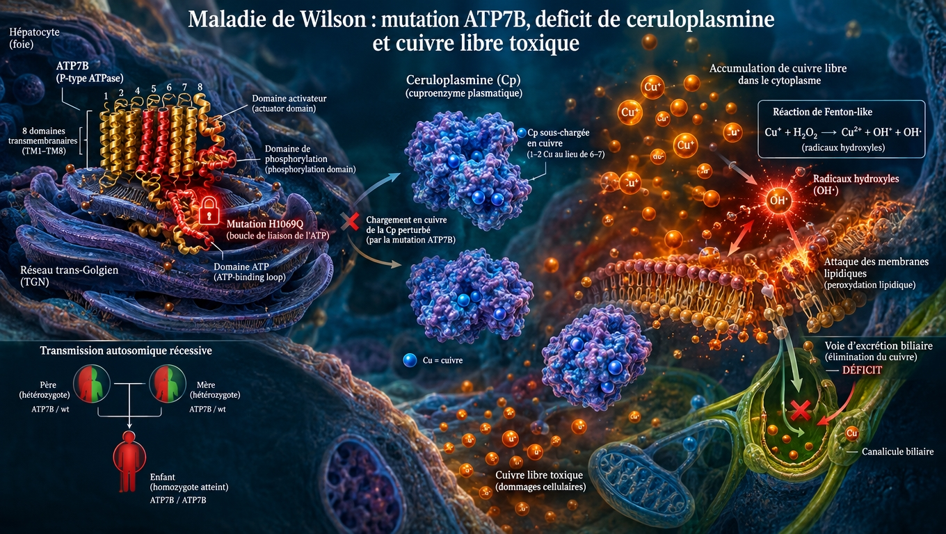 Mécanisme moléculaire : mutation ATP7B (souvent H1069Q), céruloplasmine sous‑chargée, cuivre libre cytoplasmique générateur de radicaux libres, transmission autosomique récessive.