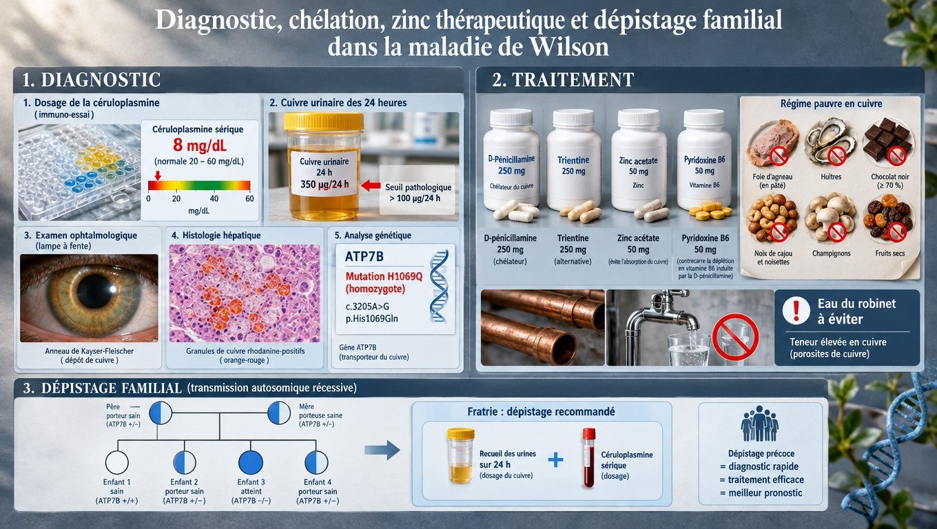 Algorithme diagnostique (céruloplasmine, cuivre urinaire 24 h, Kayser‑Fleischer, génétique) et arsenal thérapeutique (D‑pénicillamine, trientine, zinc acétate, vitamine B6) plus dépistage familial AR.