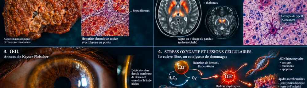 Infographie médicale 2×2 en style NEJM sur fond teal‑cobalt profond montrant les quatre principales atteintes organiques de la maladie de Wilson. Panneau haut‑gauche : coupe de foie avec cirrhose micronodulaire wilsonienne typique — nodules hépatocytaires entourés de septa fibreux, coloration au rhodanine révélant des hépatocytes rouge‑orangés chargés de cuivre ; hépatite chronique active avec fibrose en pont. Panneau haut‑droite : coupe axiale IRM cérébrale T2 montrant un signal hyperintense des ganglions de la base (putamen glow rouge‑orangé, globus pallidus, noyau caudé, thalamus), avec signe caractéristique du « face of the giant panda » visible au mésencéphale ; à côté, lame histologique avec cellules gliales d'Opalski et astrocytes Alzheimer type II. Panneau bas‑gauche : gros plan saisissant d'un œil brun examiné à la lampe à fente montrant l'anneau de Kayser‑Fleischer — dépôt cuivré doré‑brun dans la membrane de Descemet cerclant le limbe irien, glow brillant contrastant avec l'iris sombre. Panneau bas‑droite : schéma d'oxydation Cu⁺ catalysant Haber‑Weiss générant •OH attaquant l'ADN hépatocytaire et les lipides mitochondriaux ; mitochondrie avec crêtes gonflées, dysmitochondrie typique. Palette cinétique ambre‑cobalt, rendu photoréaliste 16:9.