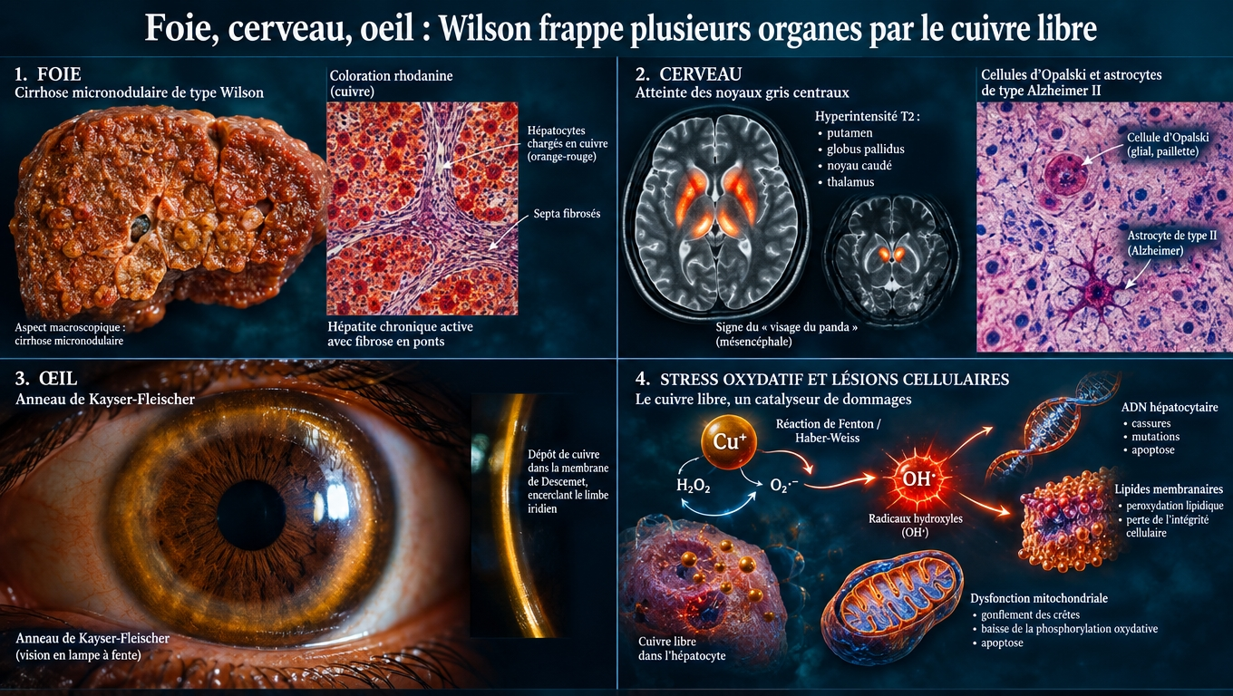 Cartographie des quatre grandes atteintes : cirrhose micronodulaire wilsonienne ; dépôt cérébral basal (signe panda géant) ; anneau de Kayser‑Fleischer ; dommages oxydatifs mitochondriaux et hépatocytaires.