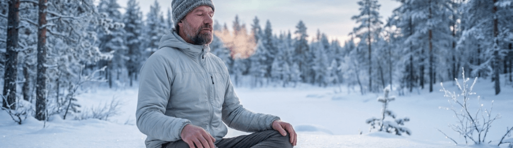 Photographie atmosphérique hyperréaliste d'un homme pratiquant la méthode Wim Hof (respiration intense) en méditation assise dans un environnement enneigé et froid, avec souffle visible et atmosphère hivernale sereine.