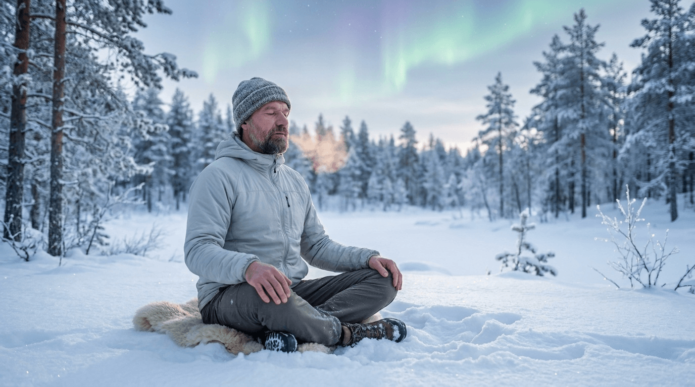 Image hivernale éditoriale illustrant les trois piliers emblématiques de la méthode Wim Hof : hyperventilation contrôlée, rétention du souffle et exposition au froid volontaire.