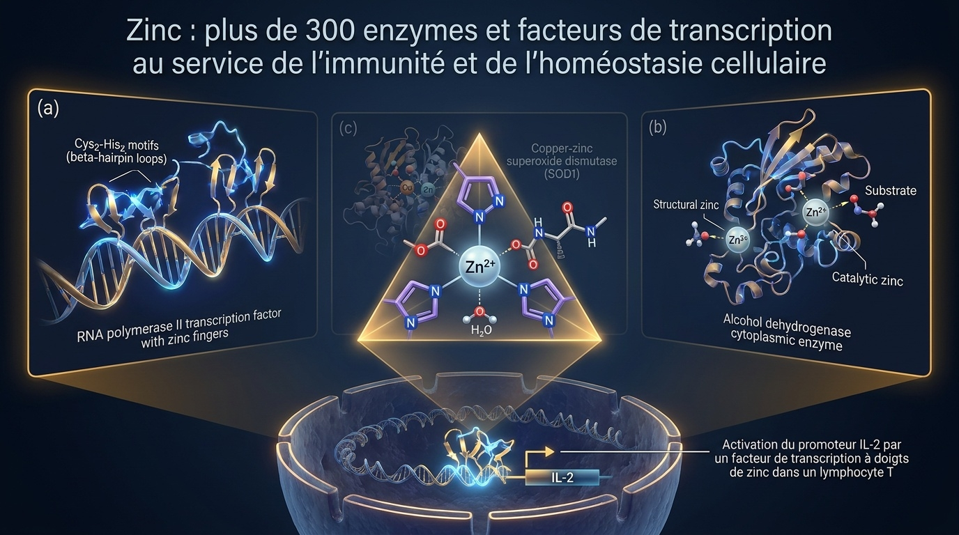 Vue centrale du zinc comme cofacteur universel – métalloprotéines, doigts de zinc, SOD1, ADH – essentiel à plus de 300 enzymes humaines.