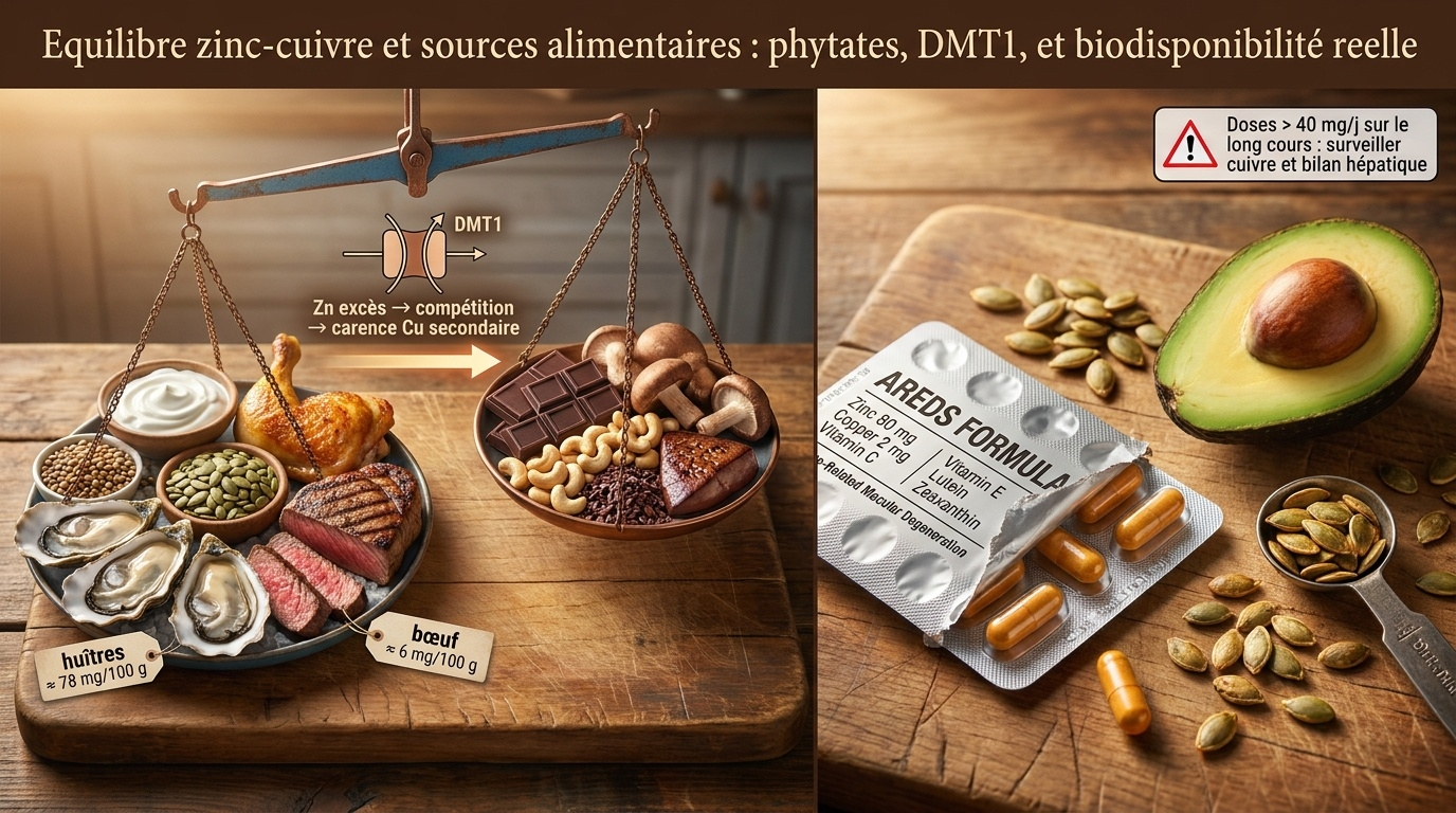 Représentation éditoriale de la balance zinc/cuivre (DMT1, métallothionéine), des sources alimentaires majeures et du piège d'une supplémentation excessive prolongée.