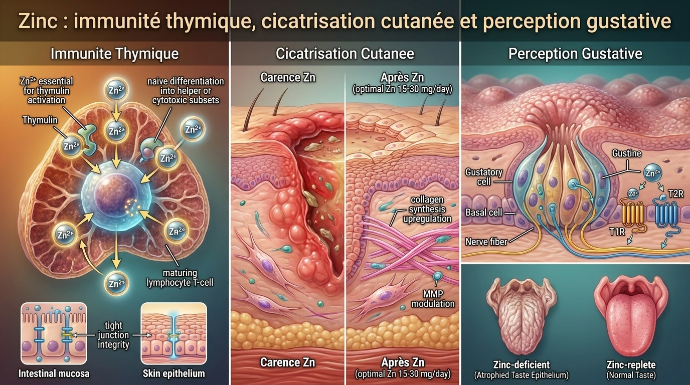 Trois fonctions emblématiques du zinc illustrées côte à côte : maturation des lymphocytes T, accélération de la cicatrisation, et préservation du goût via la gustine.
