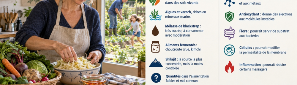 Femme réelle d'environ 50 ans préparant un repas sain dans une cuisine française ouverte sur un jardin : bol de choucroute crue, bocal de kimchi, assiette d'algues et de varech, petit pot de mélasse de blackstrap avec cuillère et panier de légumes bio non pelés ; par la fenêtre, un homme réel d'environ 60 ans jardine dans le potager et un enfant réel d'environ 8 ans joue dehors ; encadrés français sur les sources citées, les mécanismes théoriques et les gestes favorables à la flore intestinale.