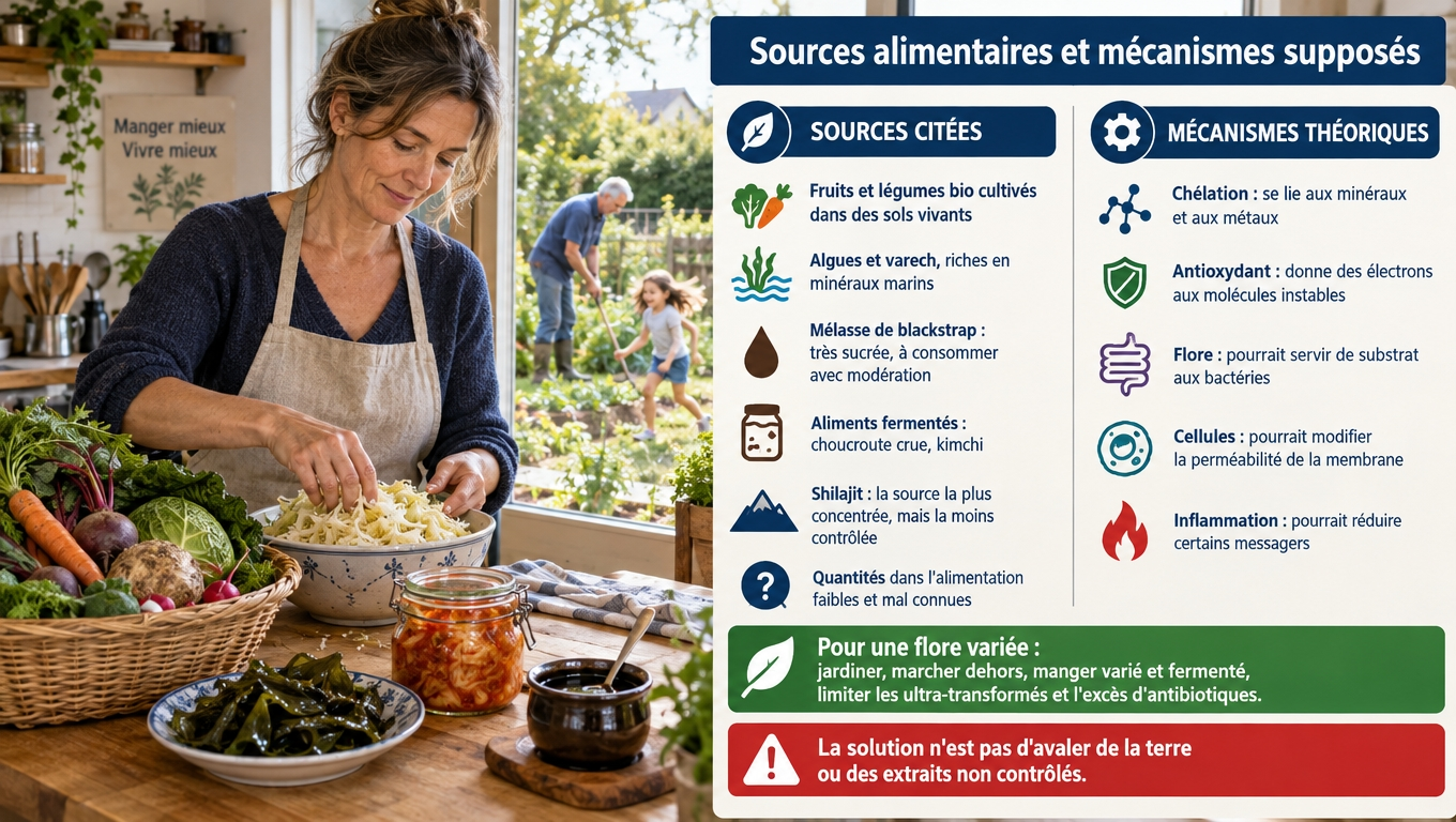 Fruits et légumes bio, algues, mélasse, fermentés, shilajit : les sources citées — et les cinq mécanismes théoriques (chélation, antioxydant, flore, membrane, inflammation) encore non démontrés chez l'humain.