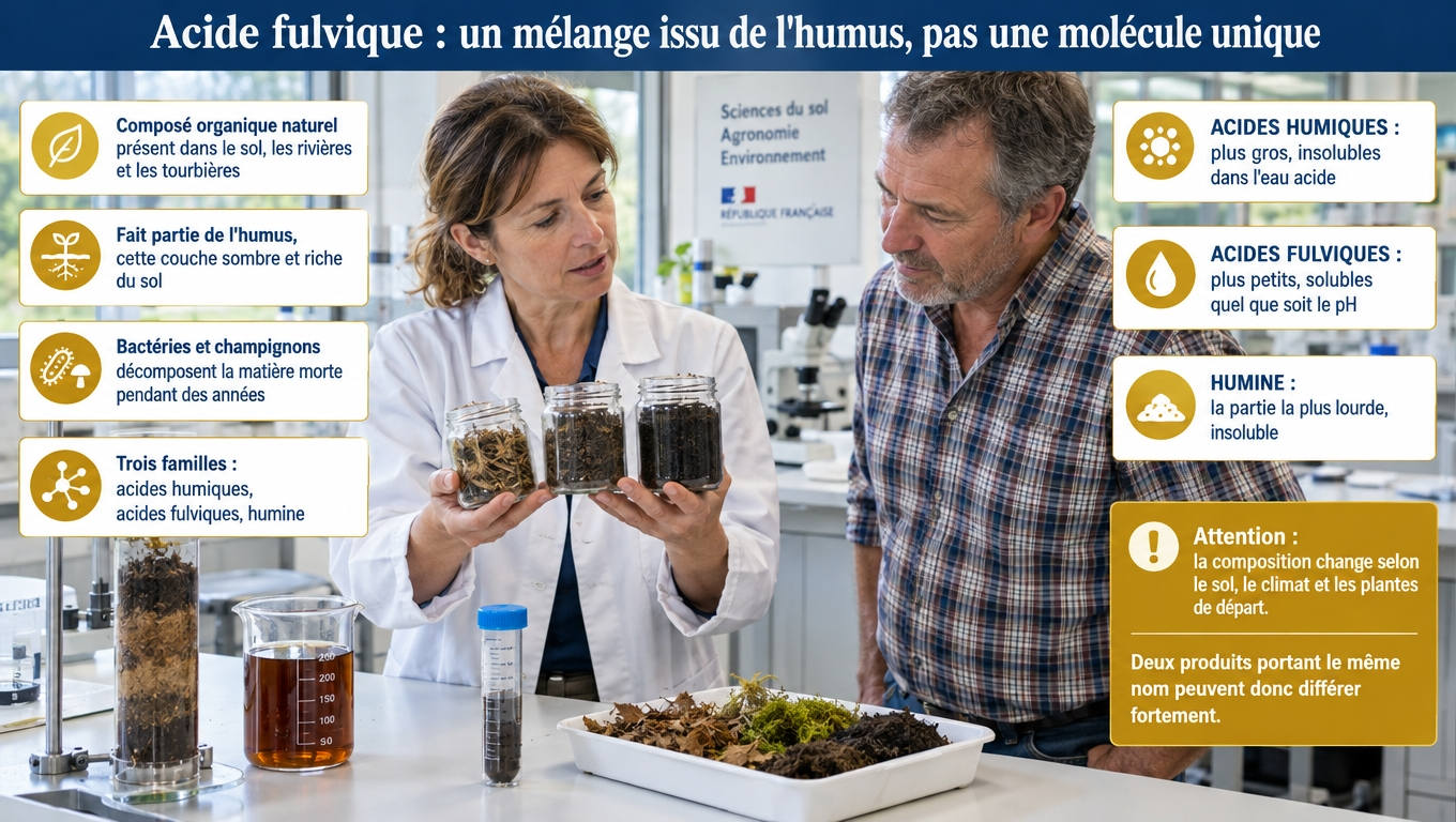 Humus, substances humiques et chélation : comprendre ce qu'est réellement l'acide fulvique — un mélange variable, pas une molécule unique — et pourquoi la source change tout.