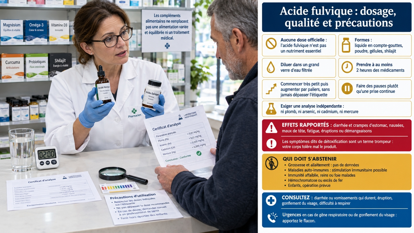 Aucune dose officielle, deux heures d'écart avec les médicaments, analyse indépendante obligatoire, effets indésirables et liste complète des situations où l'acide fulvique est à éviter.