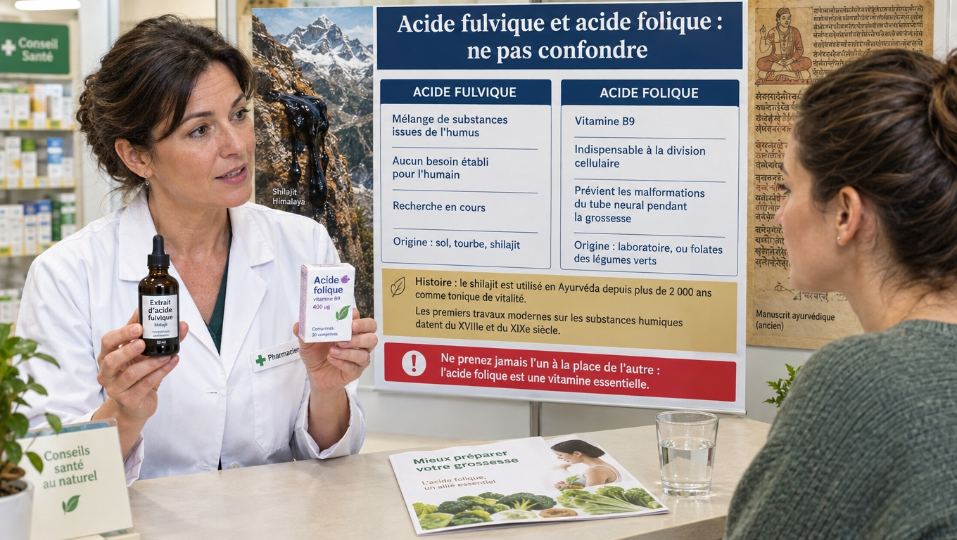 Acide fulvique ou acide folique ? Deux substances sans rapport : le premier n'est pas une vitamine, le second est la vitamine B9 essentielle pendant la grossesse — plus le contexte historique du shilajit.