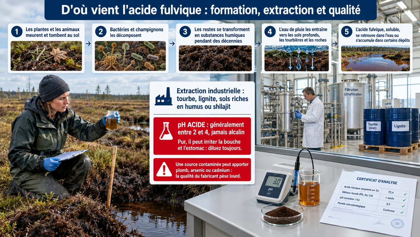 Des tourbières aux fioles : les cinq étapes de formation, les sources industrielles (tourbe, lignite, shilajit), le pH réel entre 2 et 4 et le risque de plomb ou d'arsenic selon la qualité.