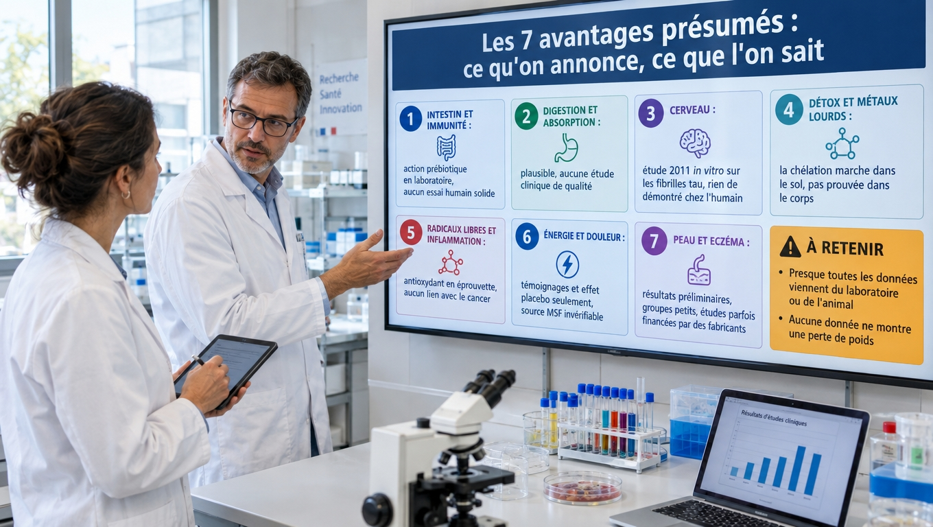 Intestin, digestion, cerveau, détox, antioxydant, énergie, peau : les sept avantages annoncés passés au crible des preuves — du laboratoire à l'animal, presque jamais confirmés chez l'humain.