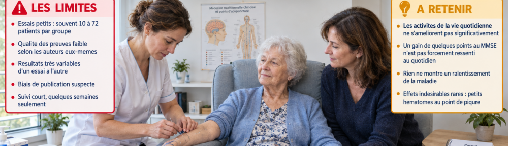 « Acupunctrice posant de fines aiguilles stériles à usage unique sur la main et l'avant-bras d'une femme de 78 ans confortablement installée dans un fauteuil, sa fille de 47 ans à ses côtés lui tenant l'autre main, dans une consultation mémoire française ; plateau d'aiguilles scellées, coton, gants, planche anatomique et carnet de suivi ; infographie française sur la méta-analyse, ses résultats et ses limites. »
