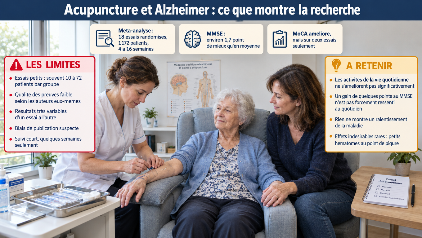 « Méta-analyse de 18 essais et 1 172 patients : +1,7 point au MMSE avec l'acupuncture, mais aucune amélioration des activités quotidiennes et preuves de faible qualité. »