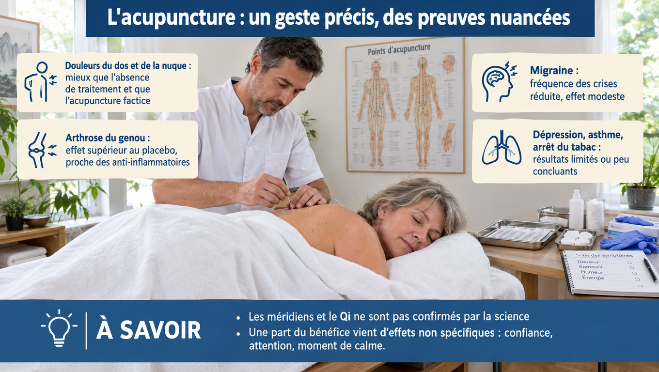 « Acupuncture : efficacité sur les lombalgies chroniques, l'arthrose du genou et la migraine, résultats limités pour la dépression, l'asthme et le sevrage tabagique. »