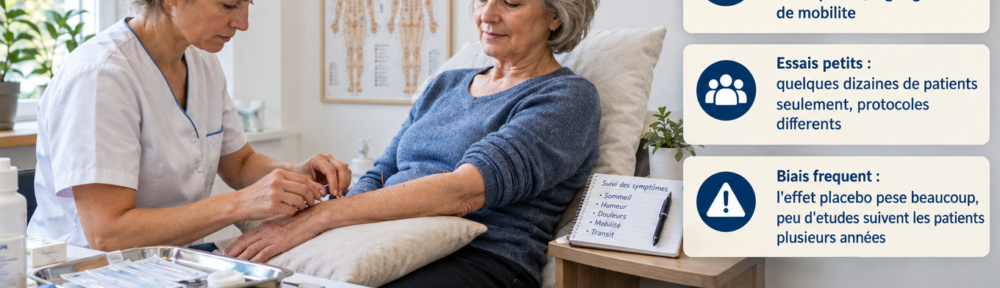 « Praticienne posant de fines aiguilles d'acupuncture stériles à usage unique sur l'avant-bras d'une patiente de 68 ans assise calmement sur une table de soins dans une salle française de médecine intégrative ; plateau d'aiguilles scellées, coton, gants et planche anatomique des points sur le mur ; infographie française sur les résultats et les limites des études. »